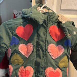 Girls Mini Boden Green Heart Aplique Winter Coat Size 5-6